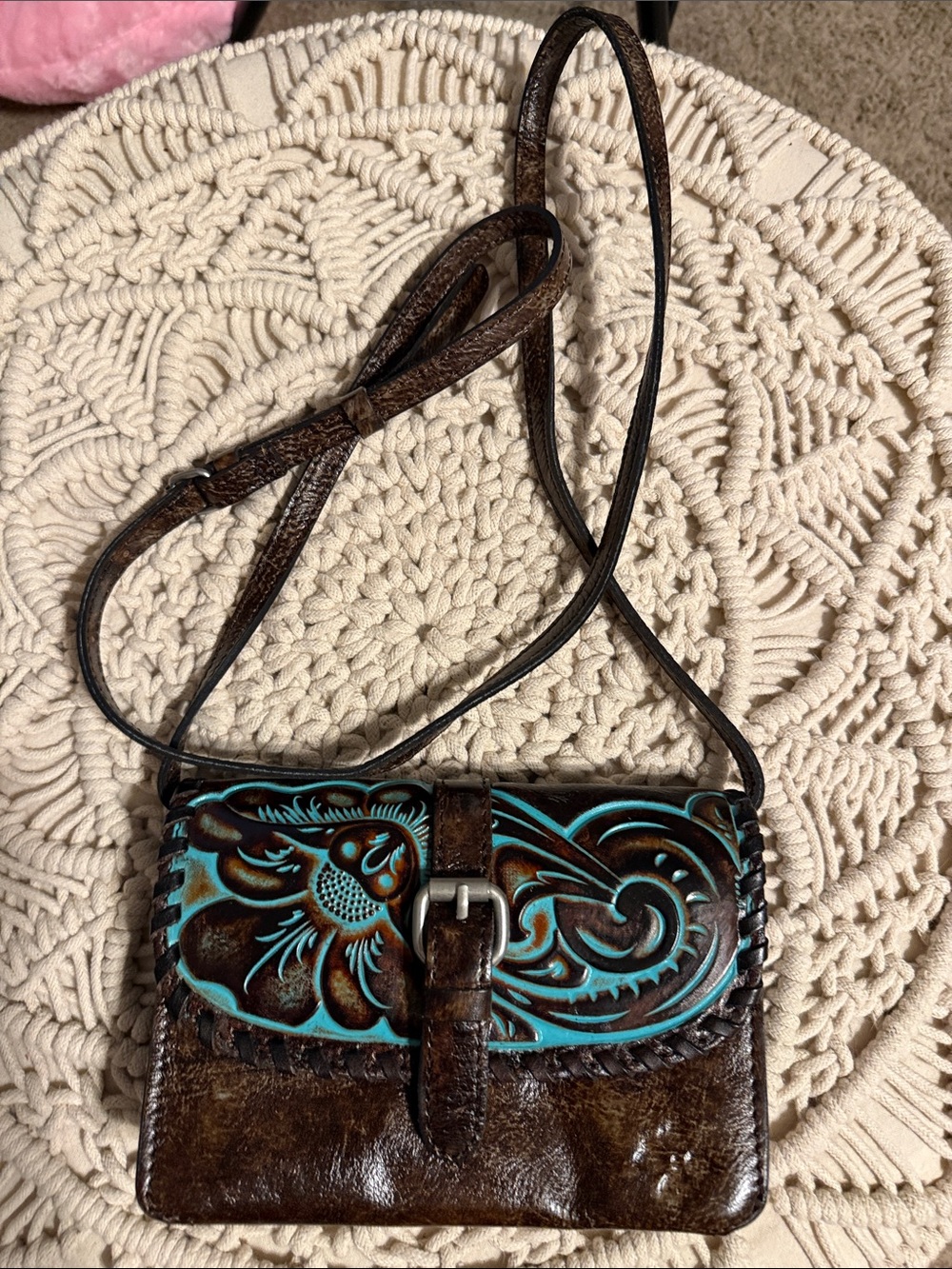 Patricia Nash Turquoise Tooled Brown Leather Crossbody Bag